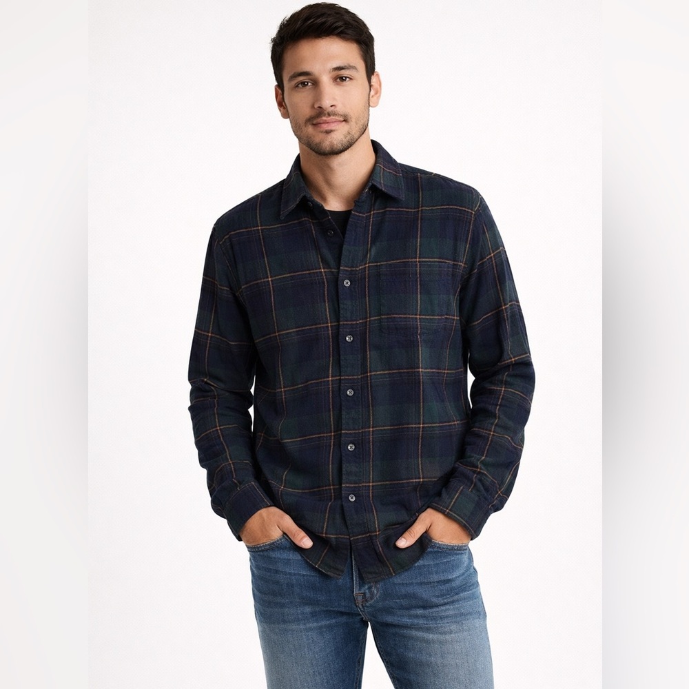 Eddie Bauer Blue Green Plaid Flannel Shirt Large Soft Cotton Button Down Pocket